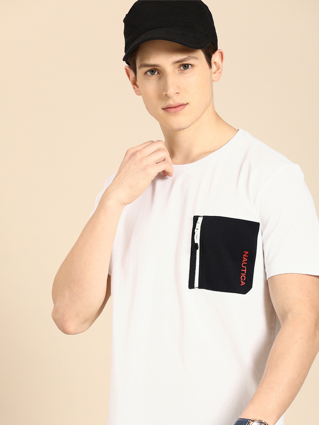 

Nautica Men White Solid Contrast Pocket T-shirt