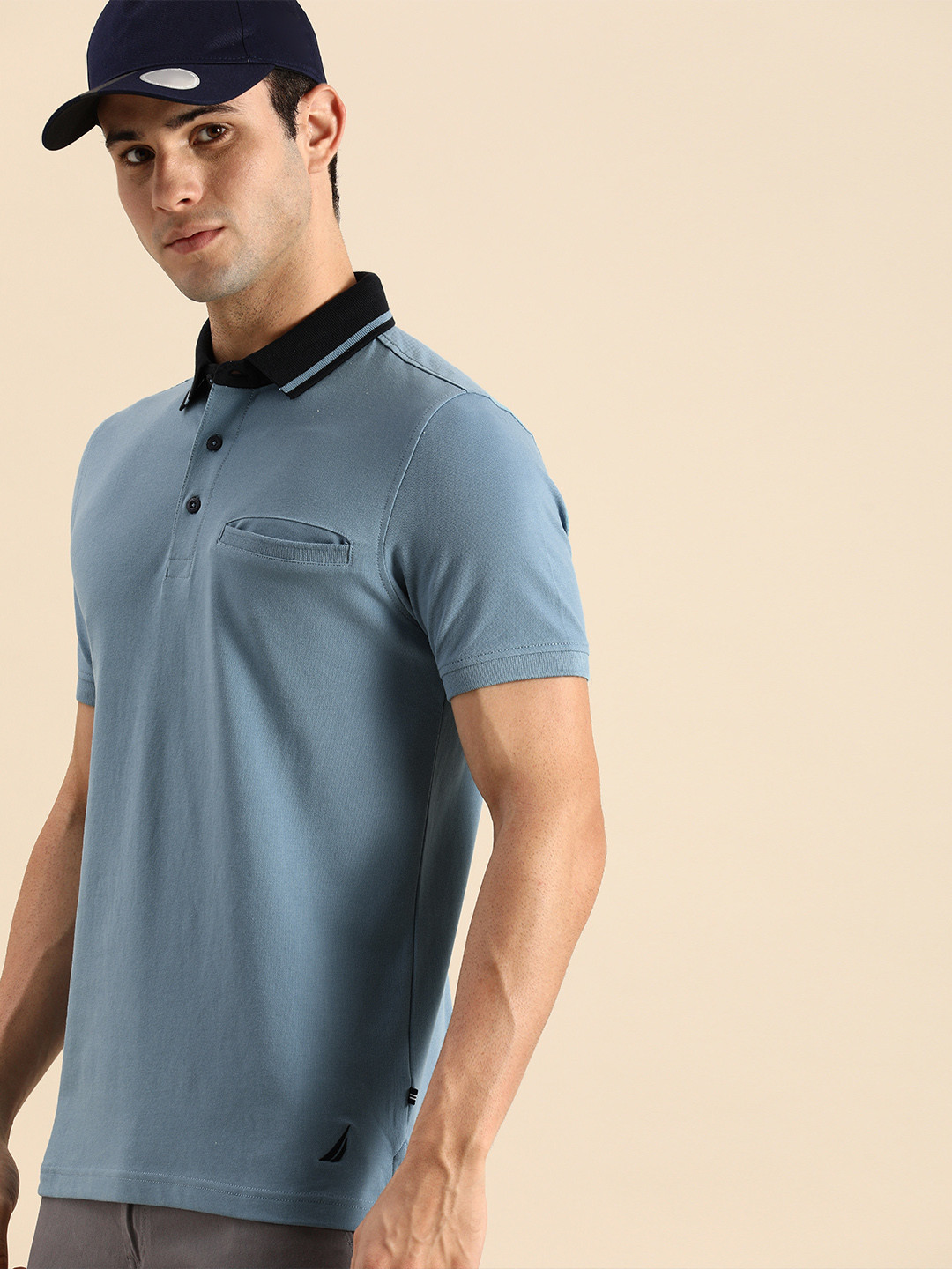 

Nautica Men Blue Solid Polo Collar Regular Fit Casual T-shirt With Contrast Collar