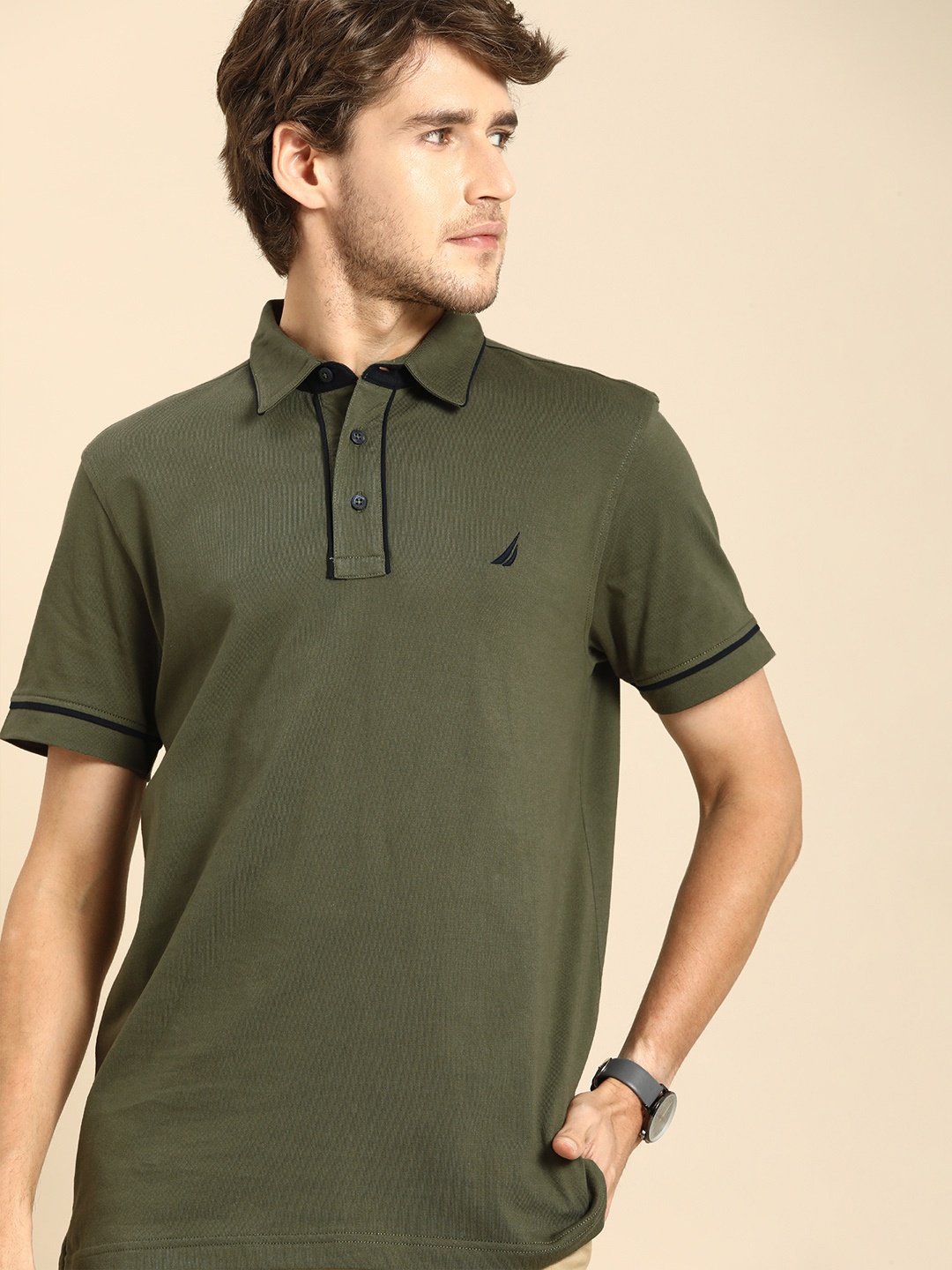 

Nautica Men Olive Green Polo Collar Slim Fit Pure Cotton T-shirt