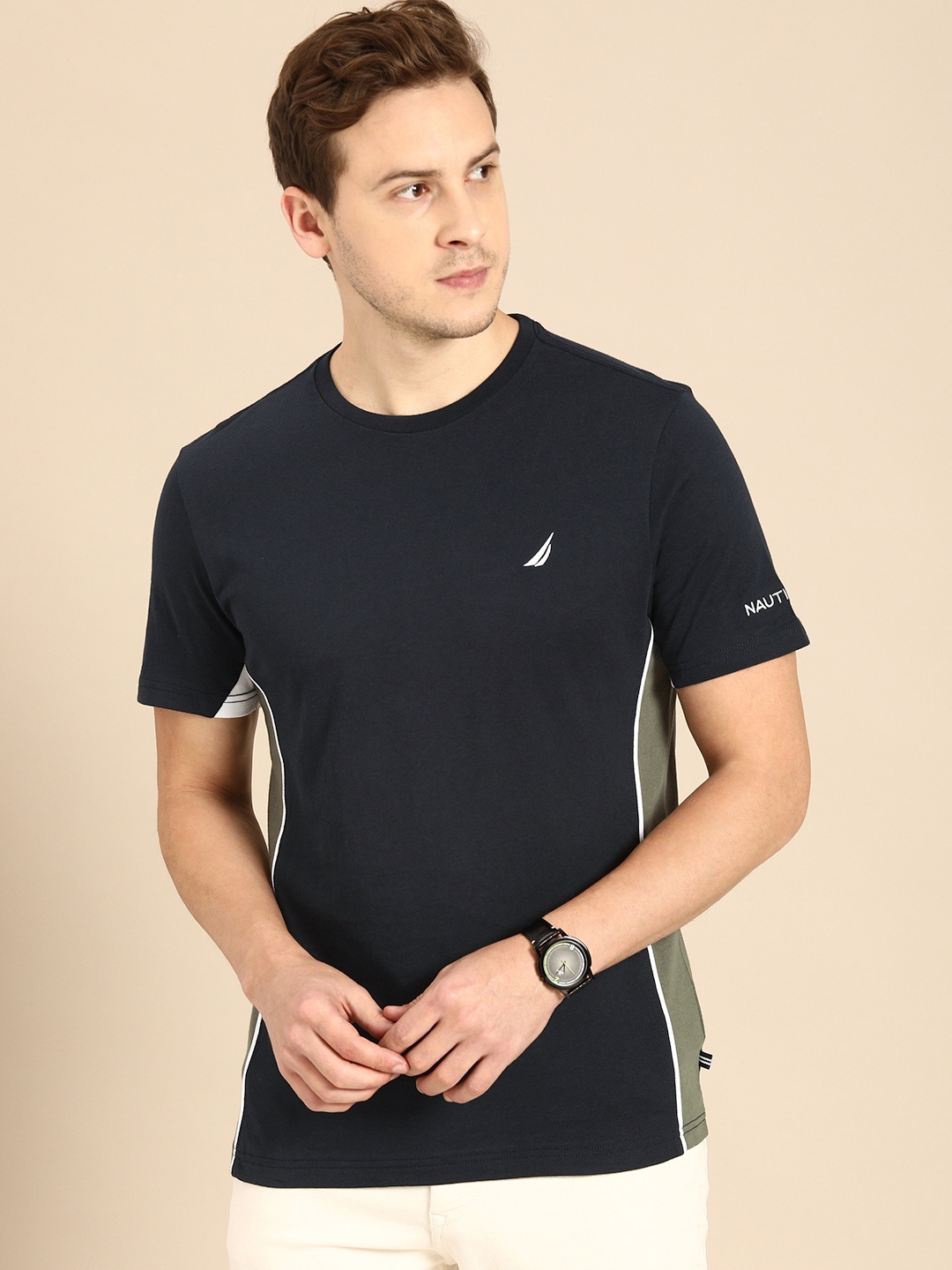 

Nautica Men Navy Blue Striped Detail Pure Cotton T-shirt