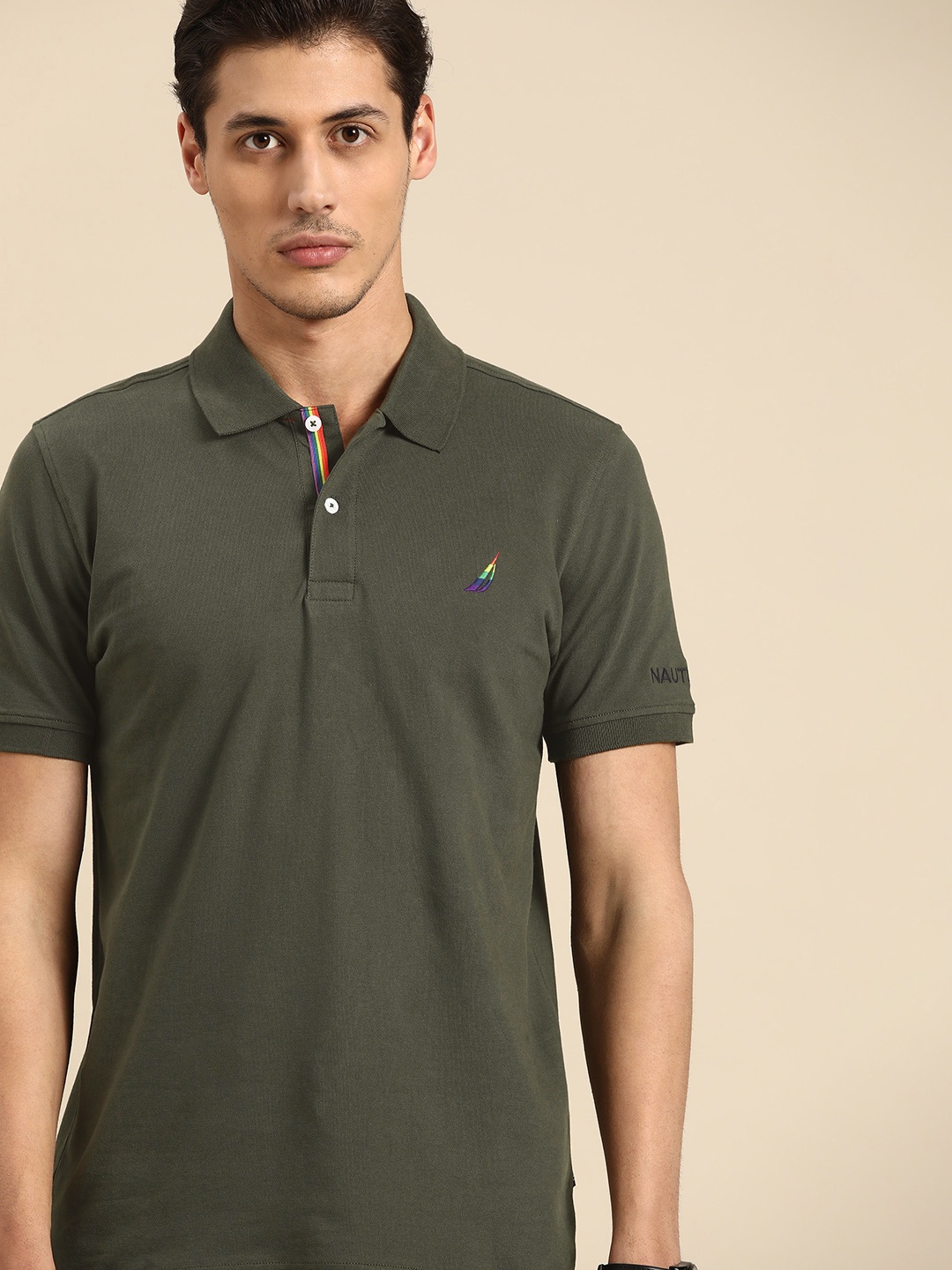 

Nautica Men Olive Green Solid Polo Collar T-shirt