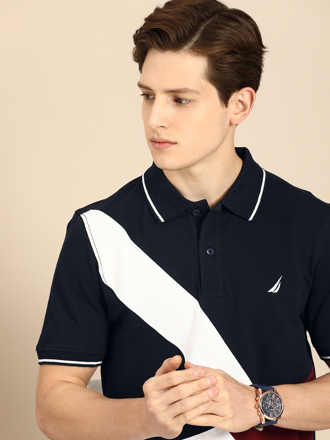 

Nautica Men Navy Blue & White Colourblocked Polo Collar T-shirt