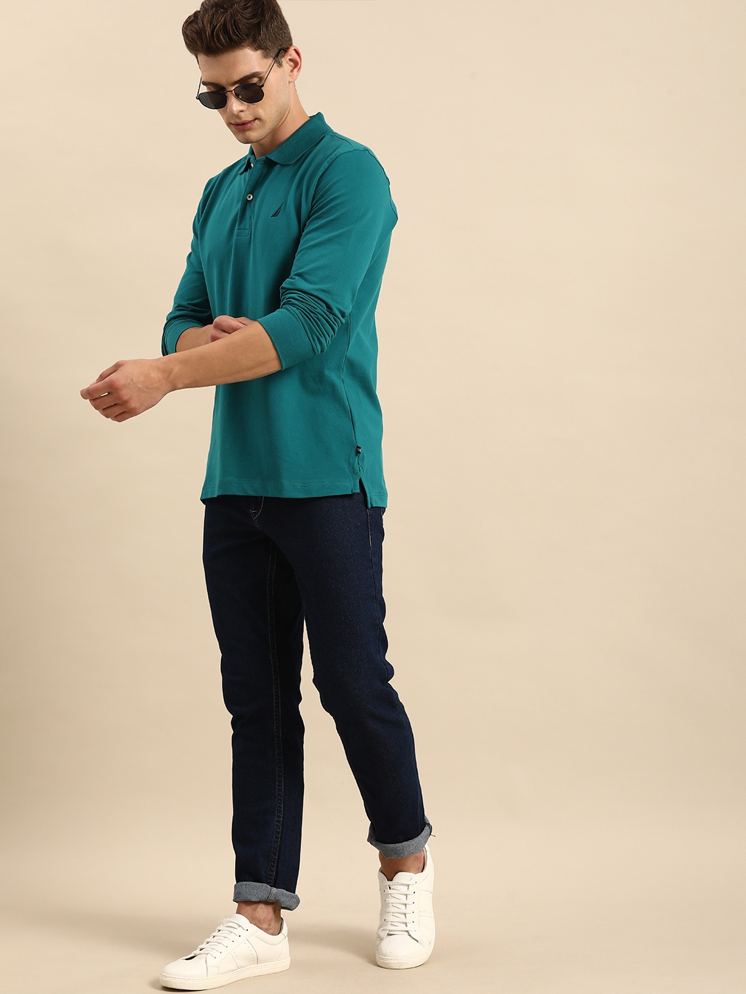 

Nautica Men Teal Green Solid Polo Collar Slim Fit T-shirt