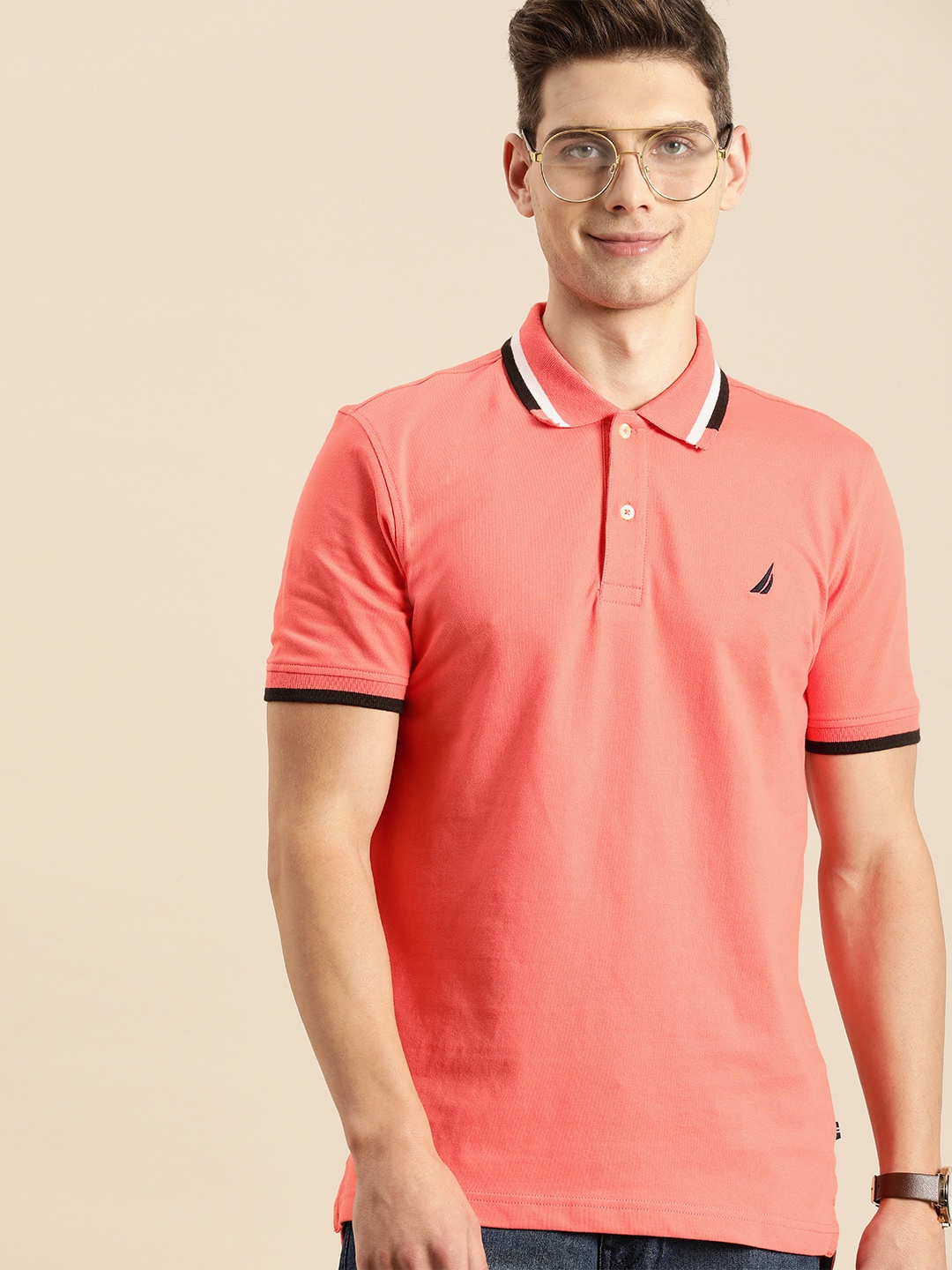 

Nautica Men Coral Pink Polo Collar T-shirt