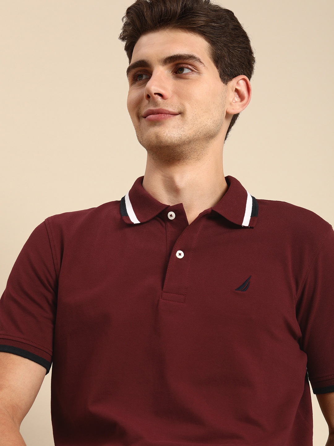 

Nautica Men Maroon Self-Designed Polo Collar Regular Fit Casual T-shirt