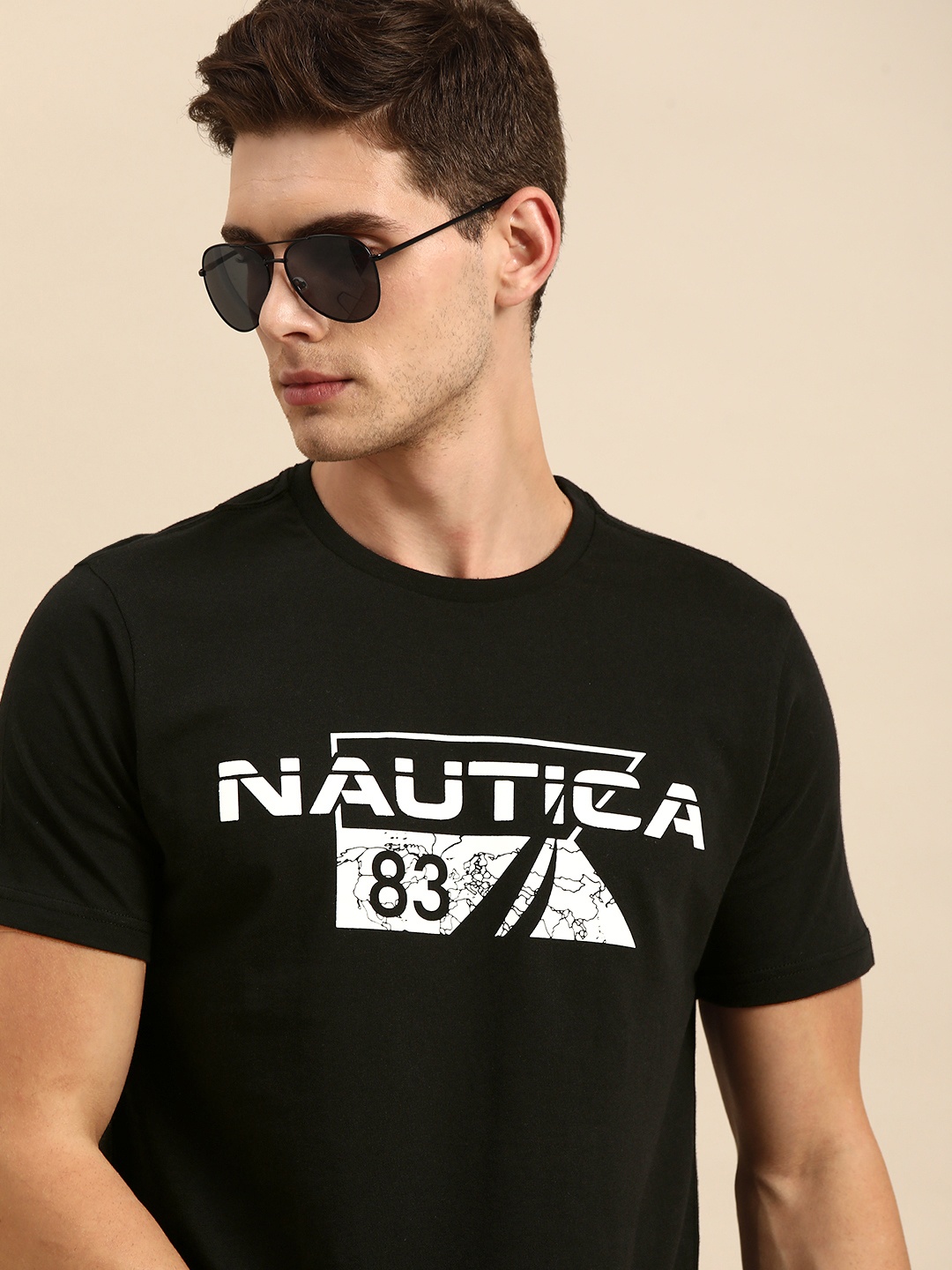 

Nautica Men Black Brand Logo Printed Pure Cotton T-shirt