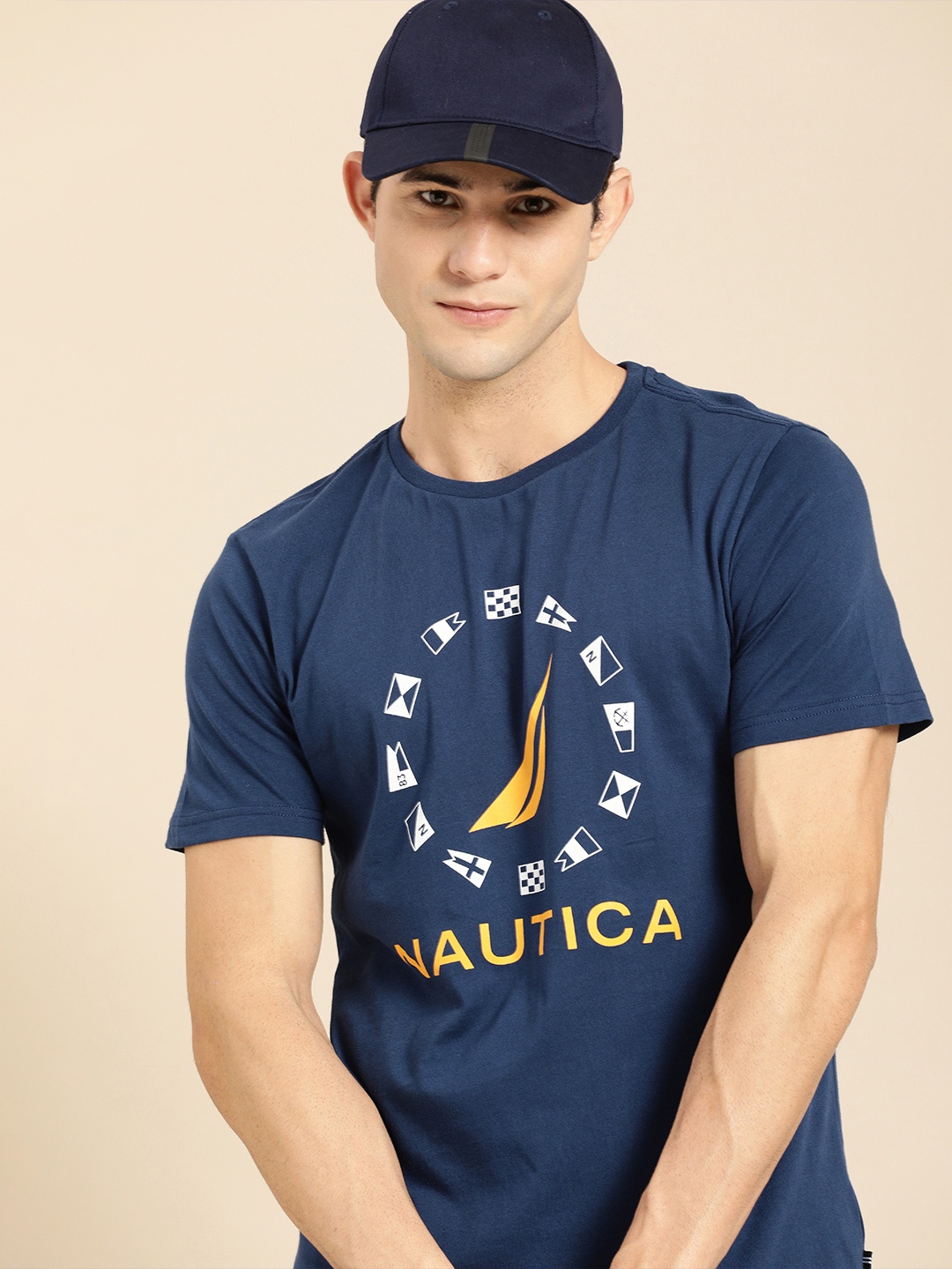 

Nautica Men Blue Brand Logo Printed Regular Fit Pure Cotton Casual T-shirt
