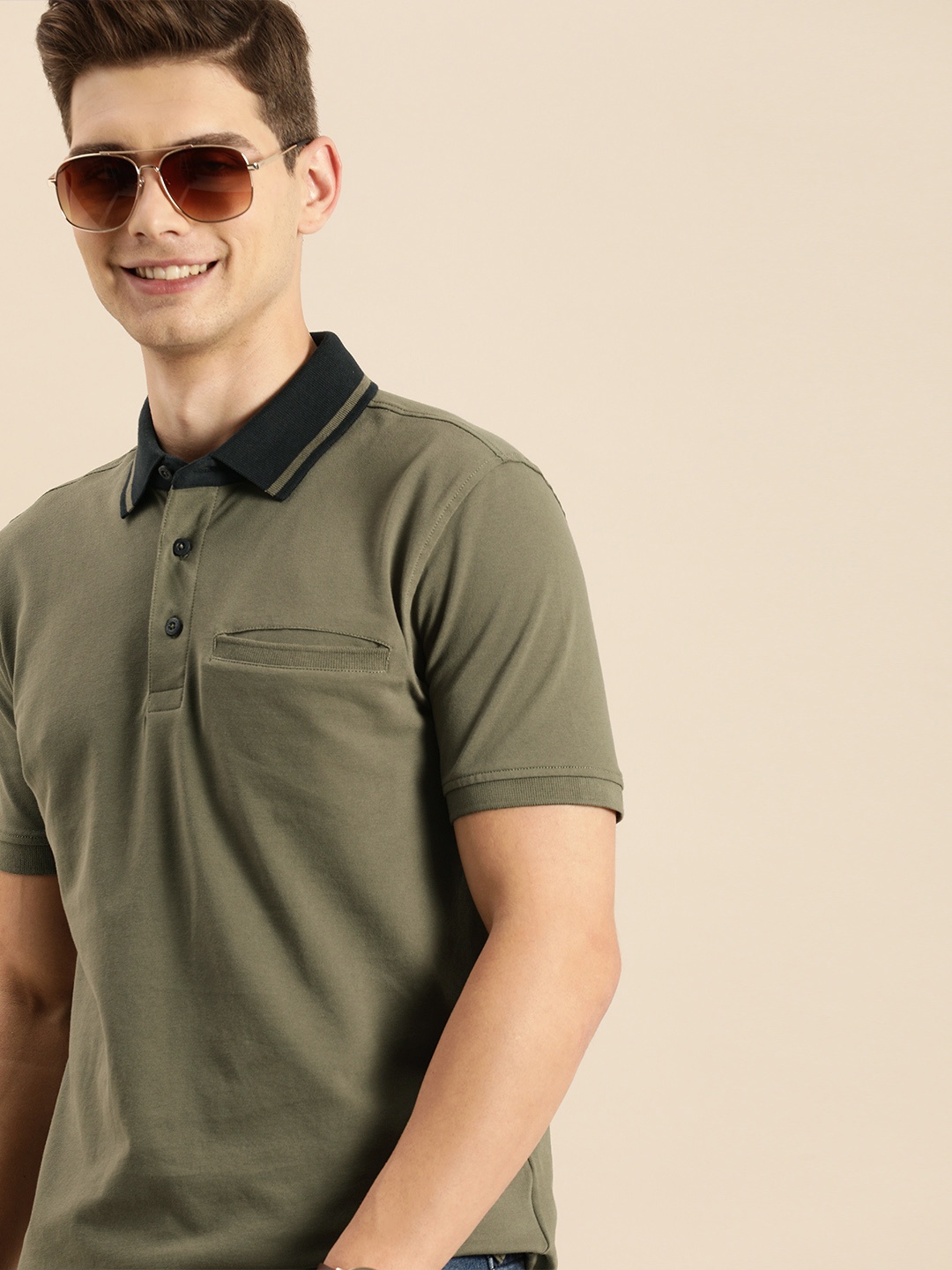 

Nautica Men Olive Green Solid Contrast Polo Collar Pockets Stretchable T-shirt