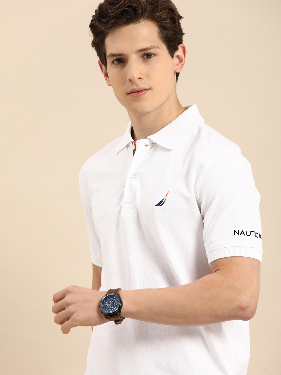 

Nautica Men White Brand Logo Printed Polo Collar T-shirt