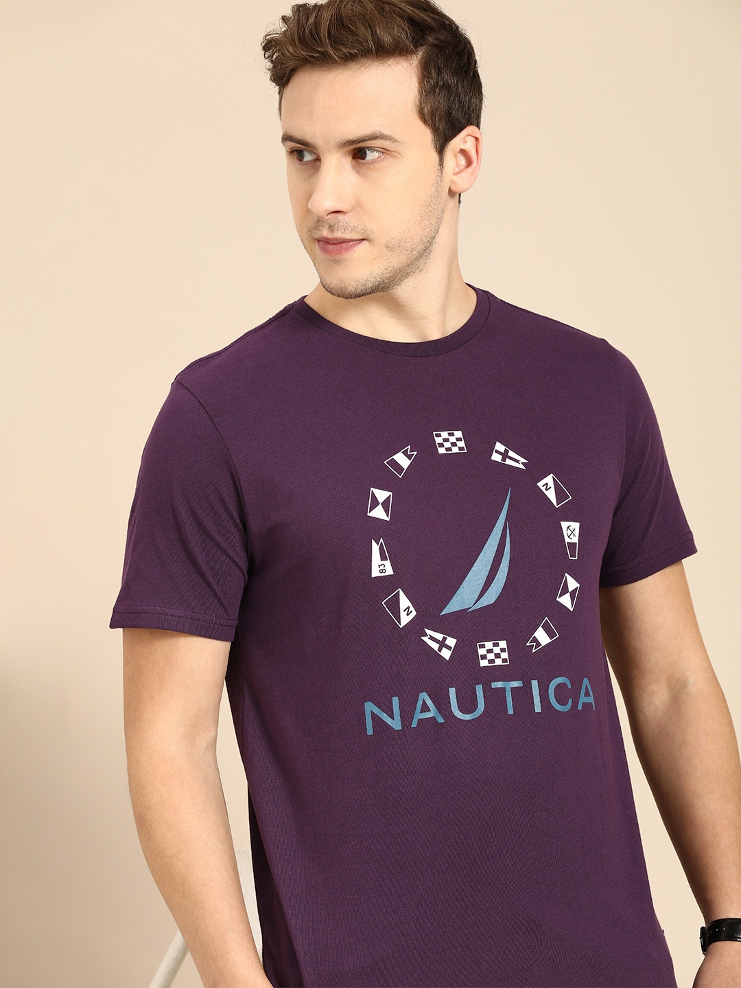 

Nautica Men Purple Brand Logo Print Round Neck Regular Sleeves Pure Cotton T-shirt