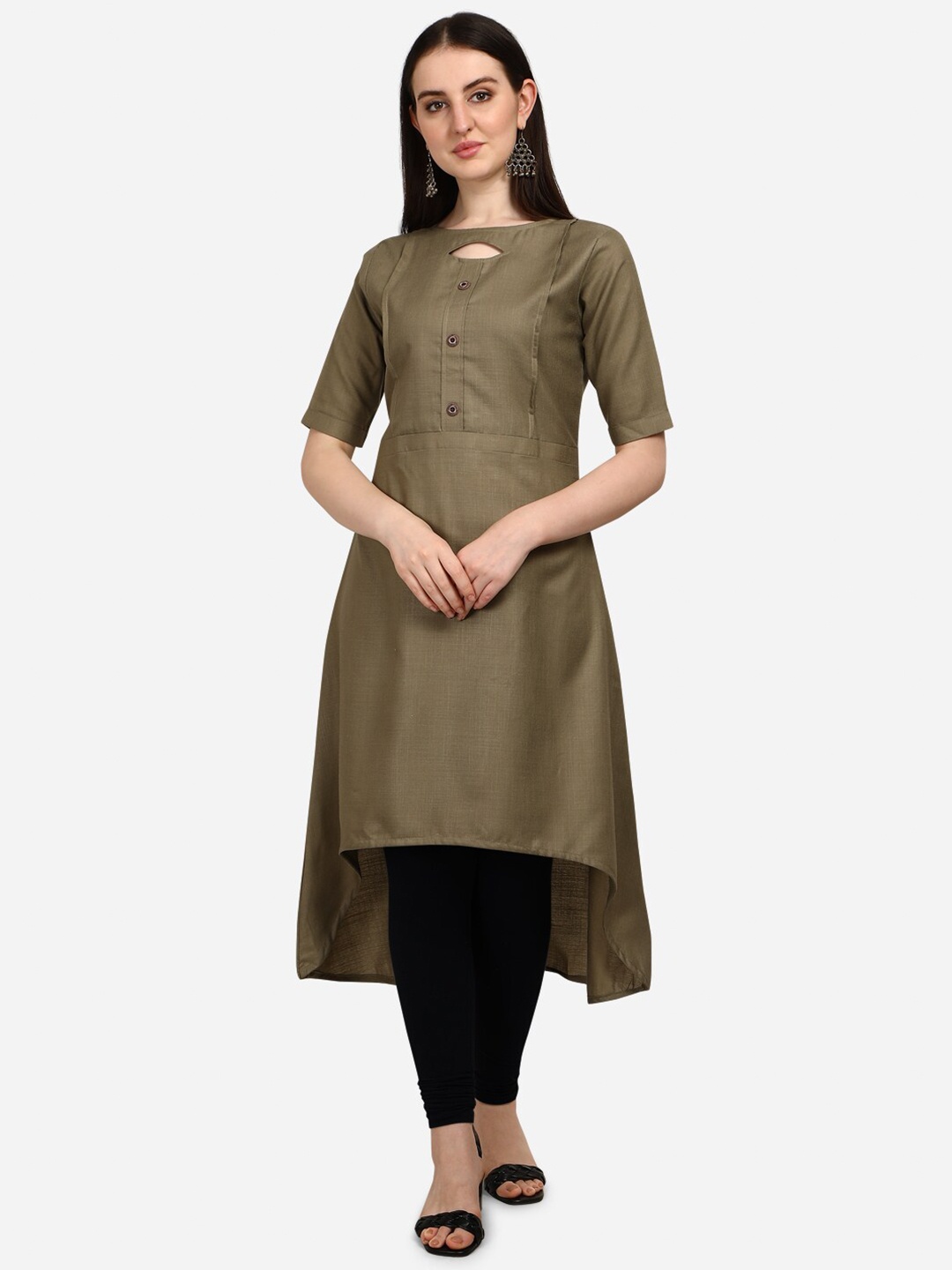 

OM SAI LATEST CREATION Women Olive Green Cotton Keyhole Neck Kurta