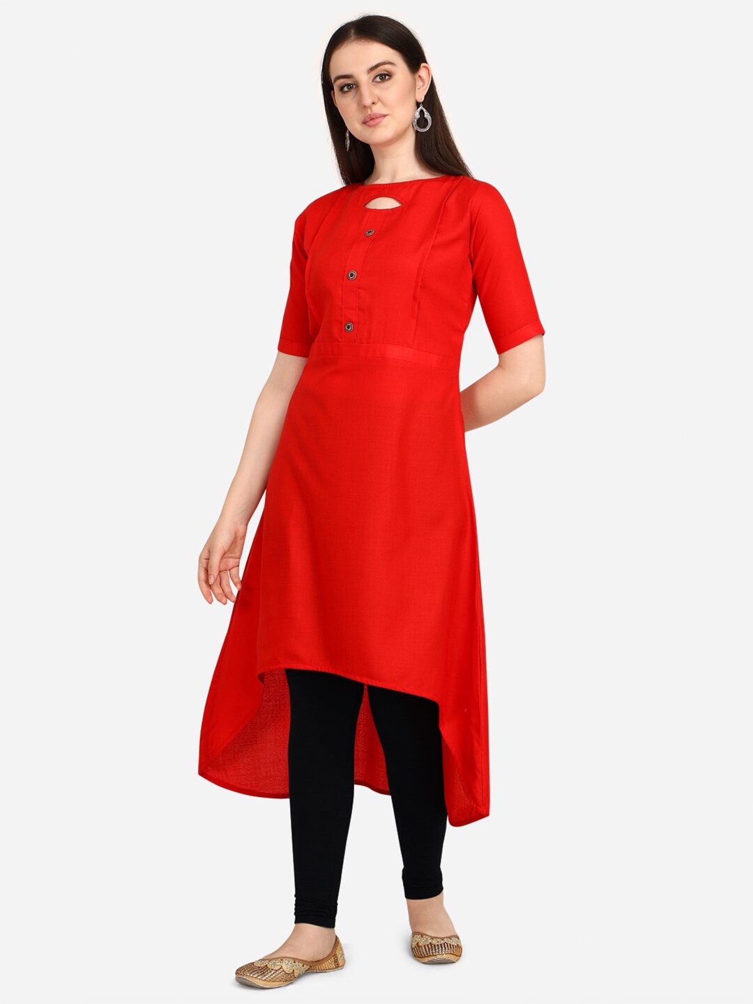

OM SAI LATEST CREATION Women Red Cotton Keyhole Neck Kurta