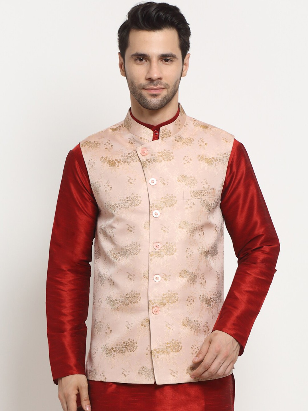 

NEUDIS Men Pink & Gold-Coloured Printed Nehru Jacket