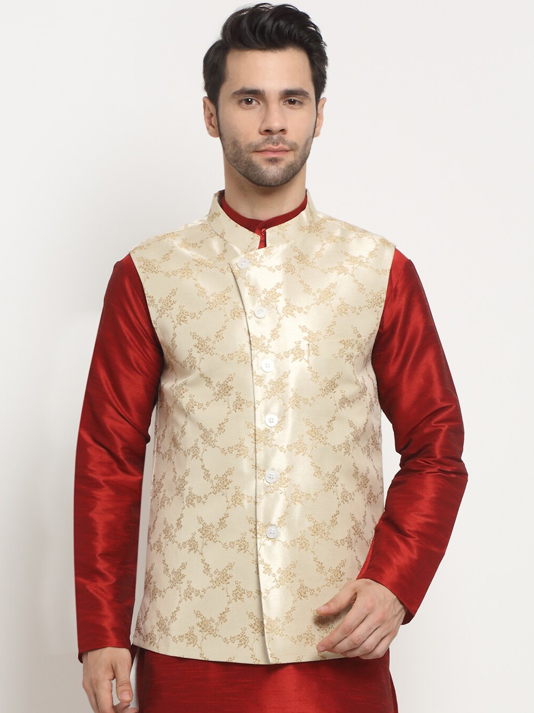 

NEUDIS Men Beige Jacquard Silk Blend Nehru Jacket