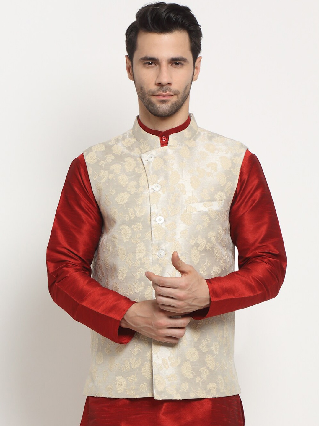 

NEUDIS Men Silver-Toned & Off White Woven Design Nehru Jacket