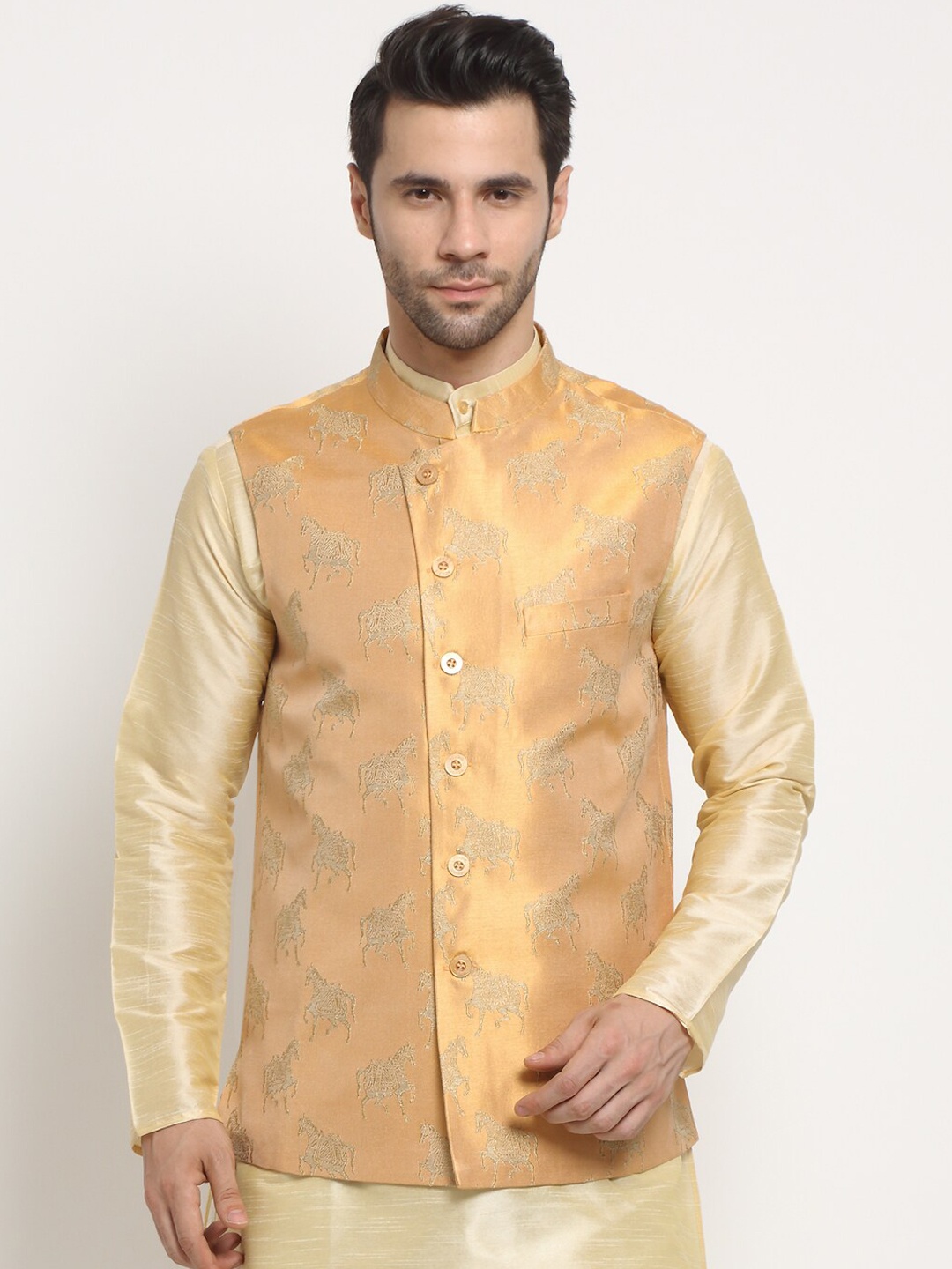 

NEUDIS Men Brown Jacquard Silk Blend Nehru Jacket