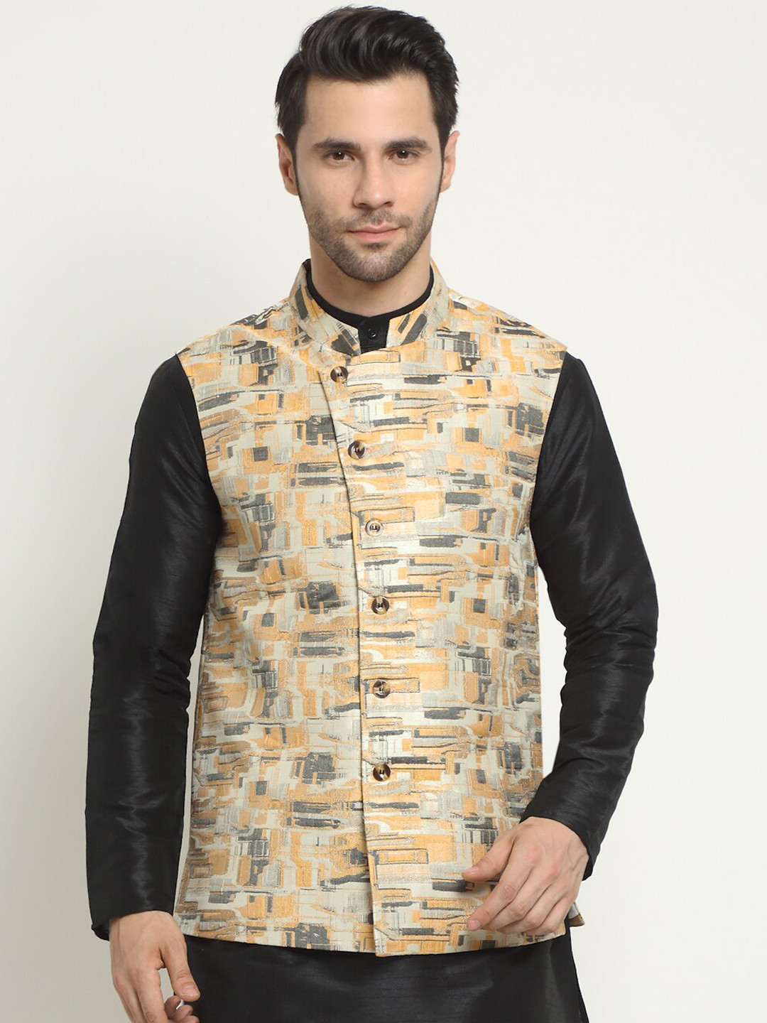 

NEUDIS Men Beige & Yellow Woven Design Jacquard Silk Blend Nehru Jacket