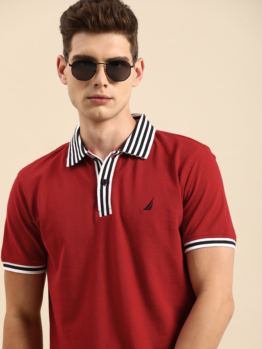 

Nautica Men Red Striped Printed Polo Collar Pure Cotton T-shirt