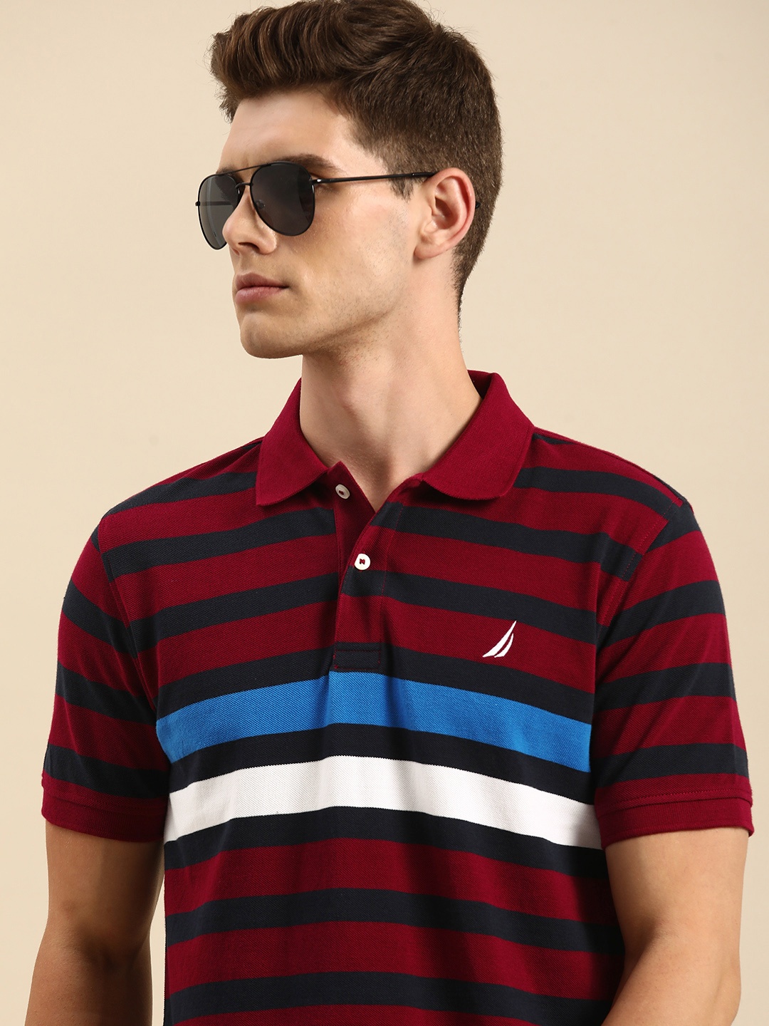 

Nautica Men Maroon Striped Polo Collar T-shirt