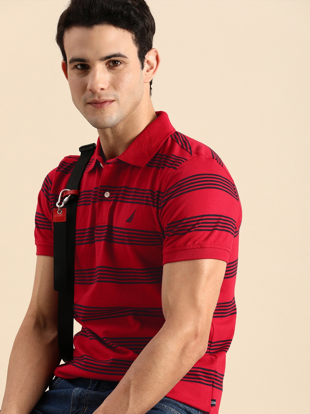 

Nautica Men Red & Black Striped Polo Collar T-shirt
