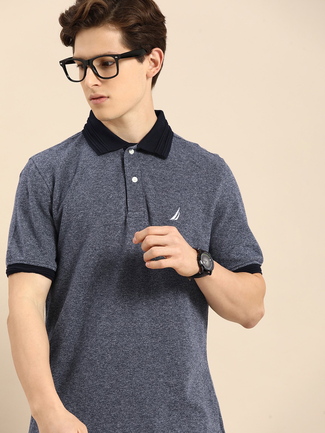 

Nautica Men Navy Blue Melange Contrast Polo Collar Pure Cotton T-shirt