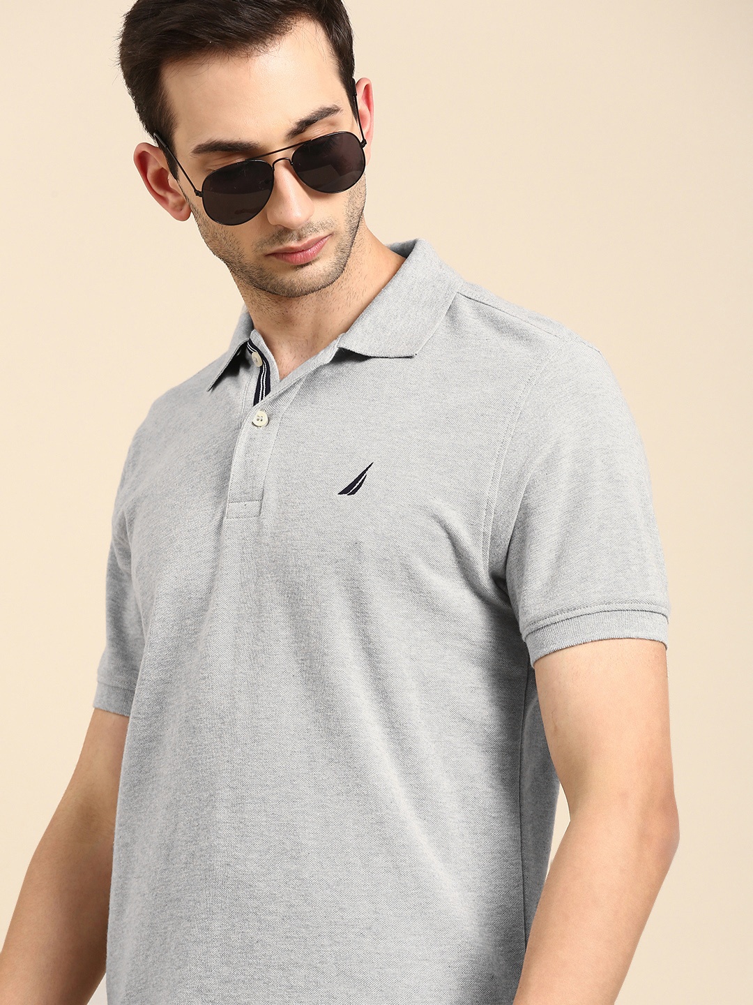 

Nautica Men Grey Melange Solid Polo Collar Regular Sleeves Embroidered Pure Cotton T-shirt