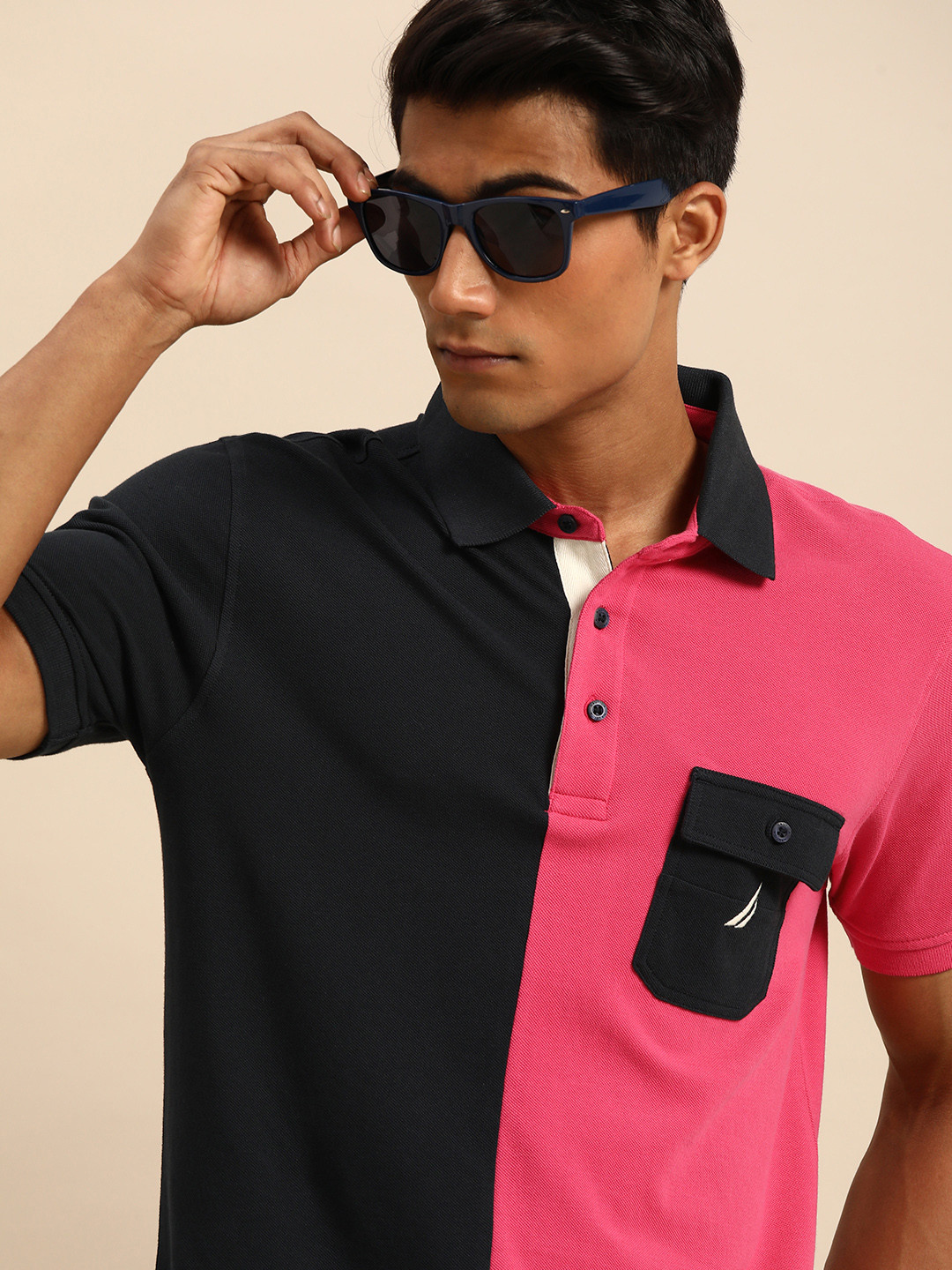 

Nautica Men Pink & Navy Blue Colourblocked Pure Cotton Polo Collar T-shirt