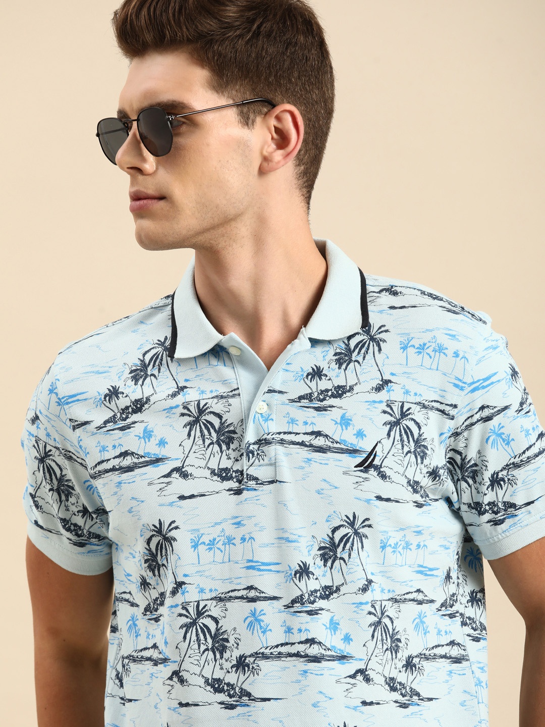 

Nautica Men Blue Printed Polo Collar Pure Cotton T-shirt