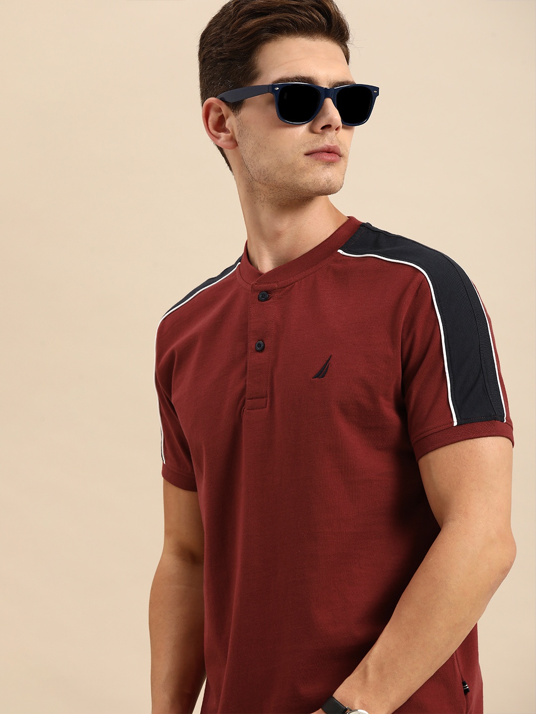 

Nautica Men Maroon & Navy Blue Solid Mandarin Collar Pure Cotton T-shirt with Logo Detail