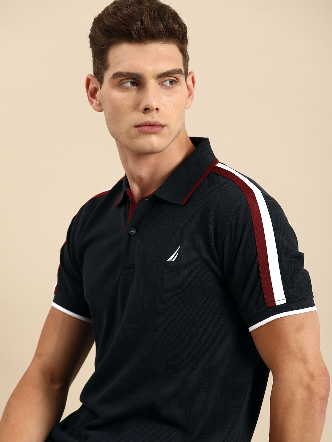 

Nautica Men Navy Blue Side Striped Polo Collar Slim Fit Pure Cotton T-shirt