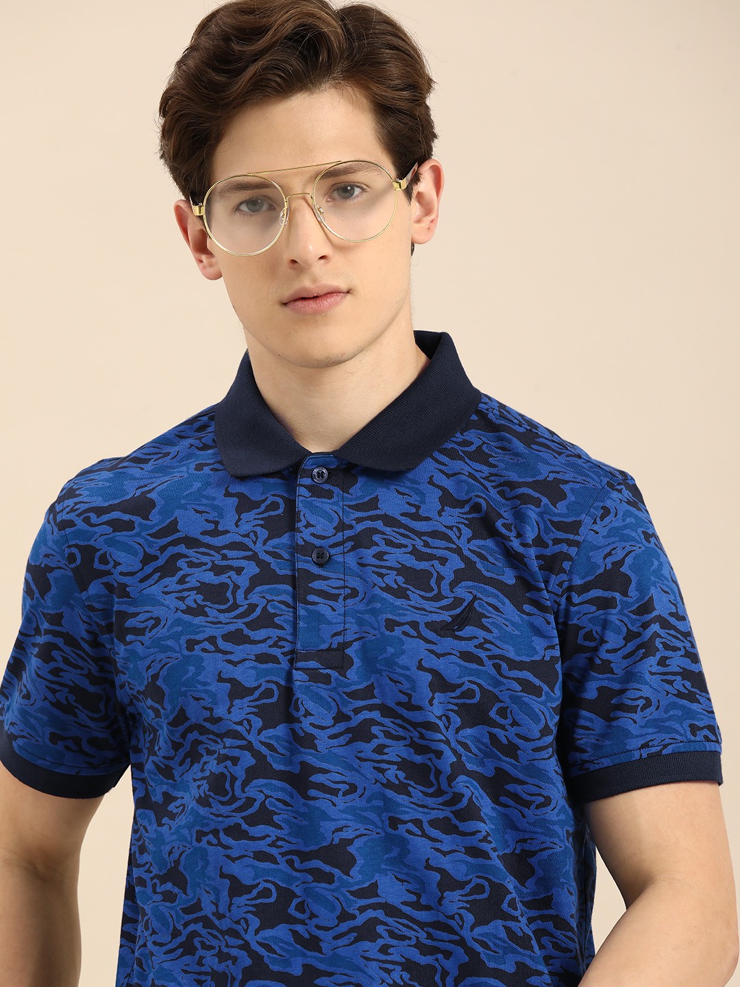 

Nautica Men Blue Abstract Print Polo Collar Slim Fit Pure Cotton T-shirt