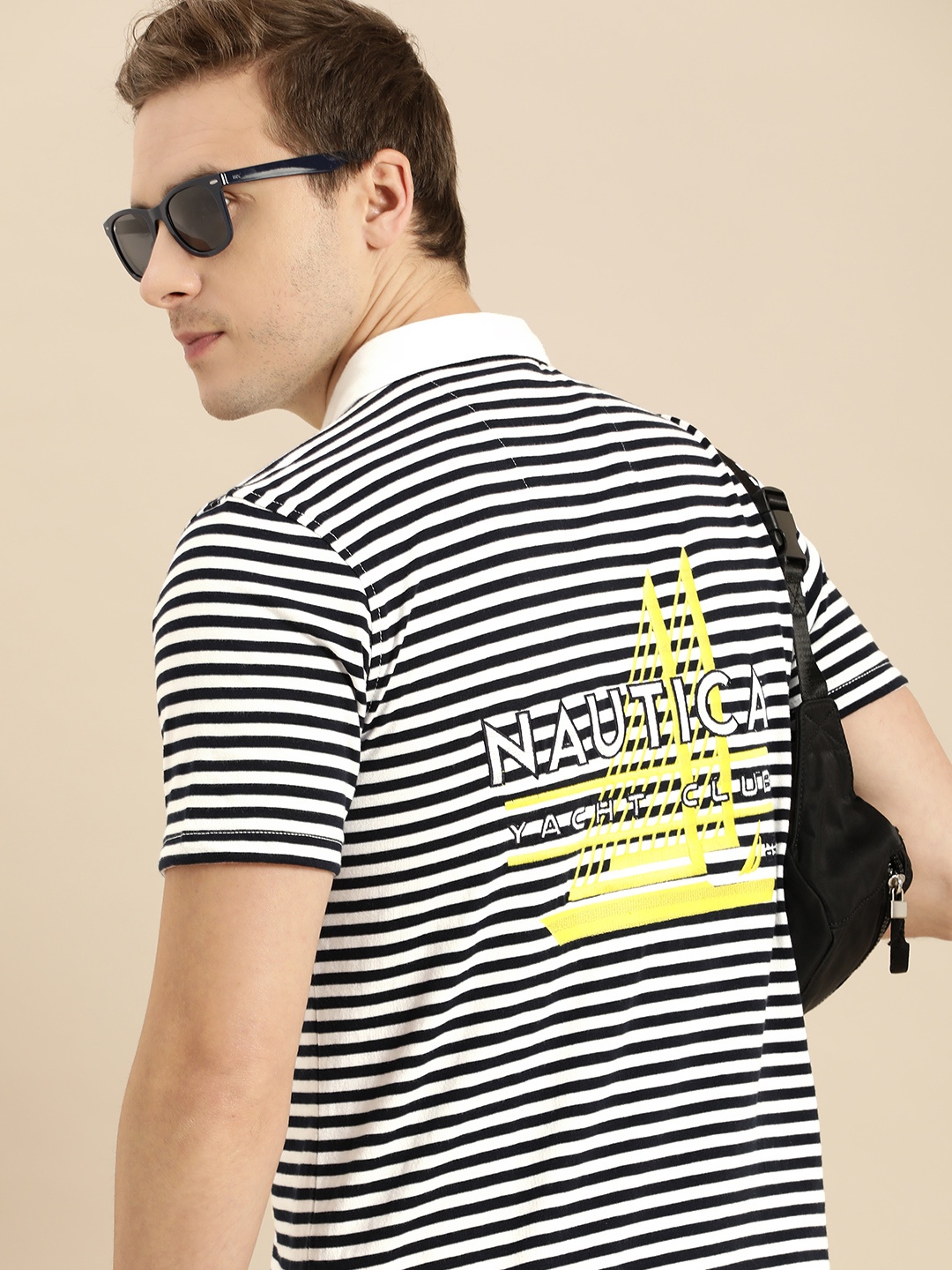 

Nautica Men Navy Blue & White Striped Polo Collar T-shirt