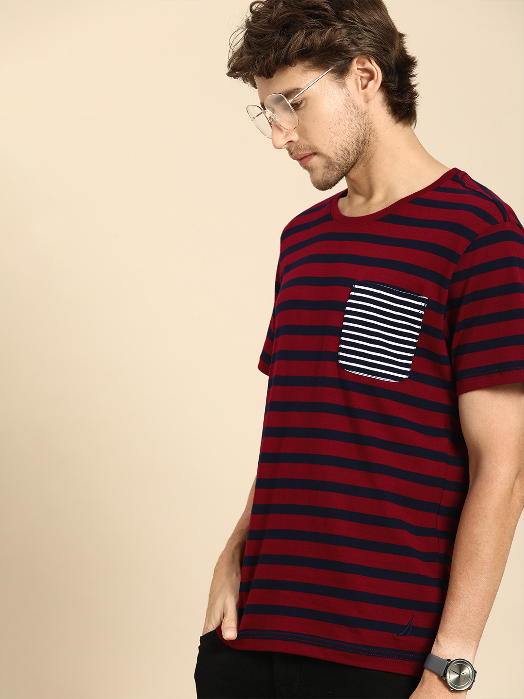

Nautica Men Maroon & Navy Blue Striped Round Neck Pure Cotton T-shirt with Pocket Detail