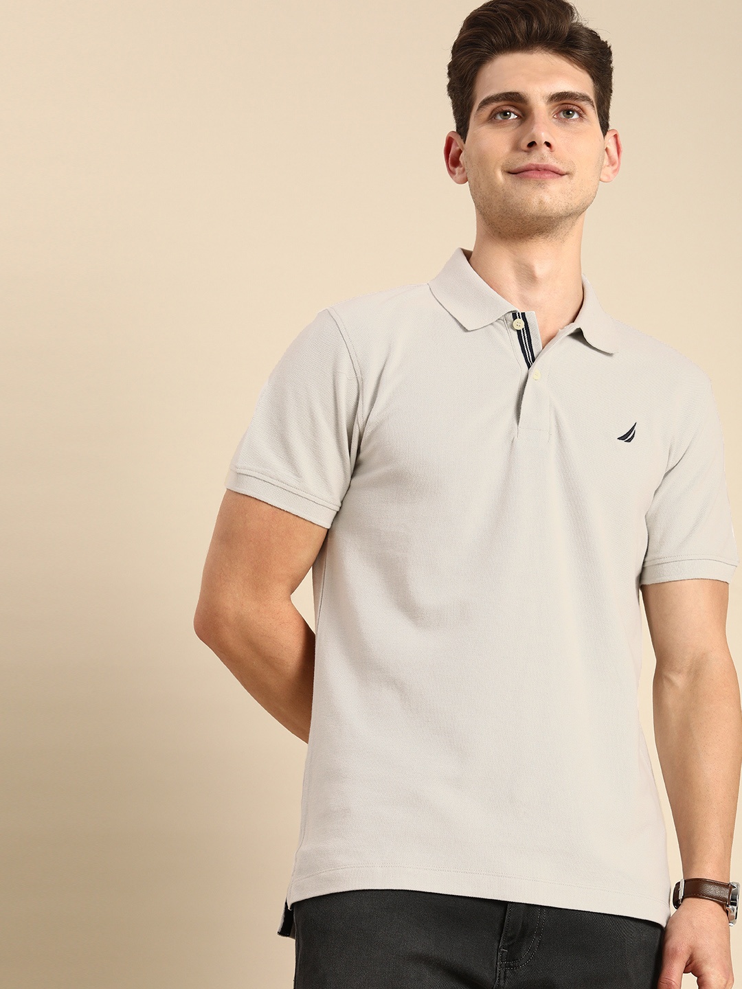 

Nautica Men Grey Self-Design Polo Collar Pure Cotton Casual T-shirt