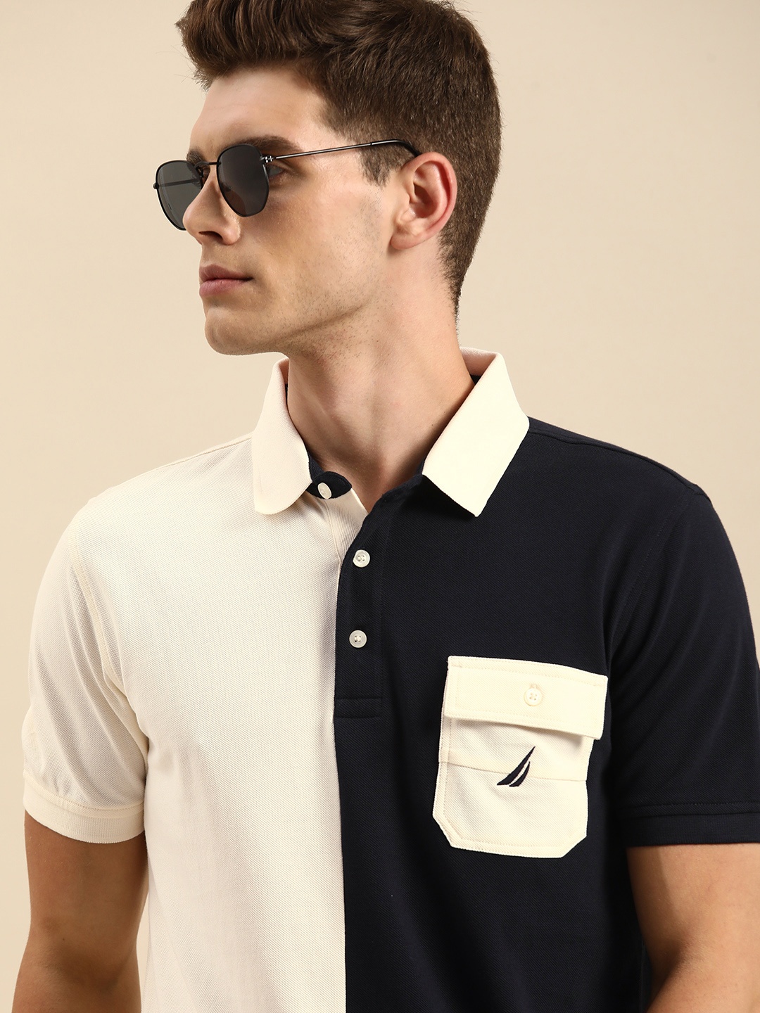 

Nautica Men Off White & Navy Blue Colourblocked Polo Collar Pure Cotton T-shirt