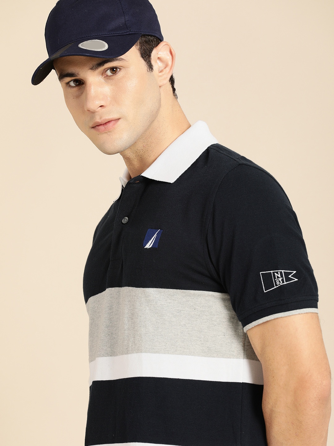 

Nautica Men Navy Blue & White Colourblocked Polo Collar Pure Cotton T-shirt