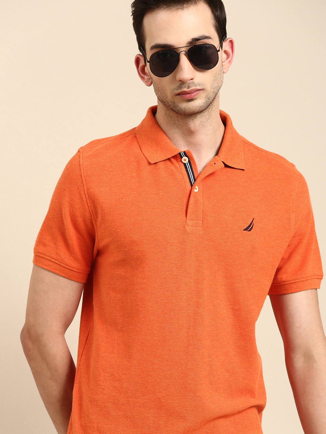 

Nautica Men Orange Solid Slim Fit Pure Cotton Polo Collar Pure Cotton T-shirt