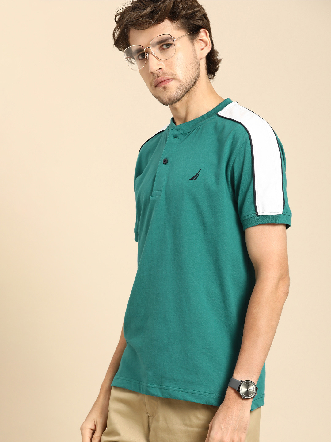 

Nautica Men Teal Green Side Striped Henley Neck Pure Cotton T-shirt