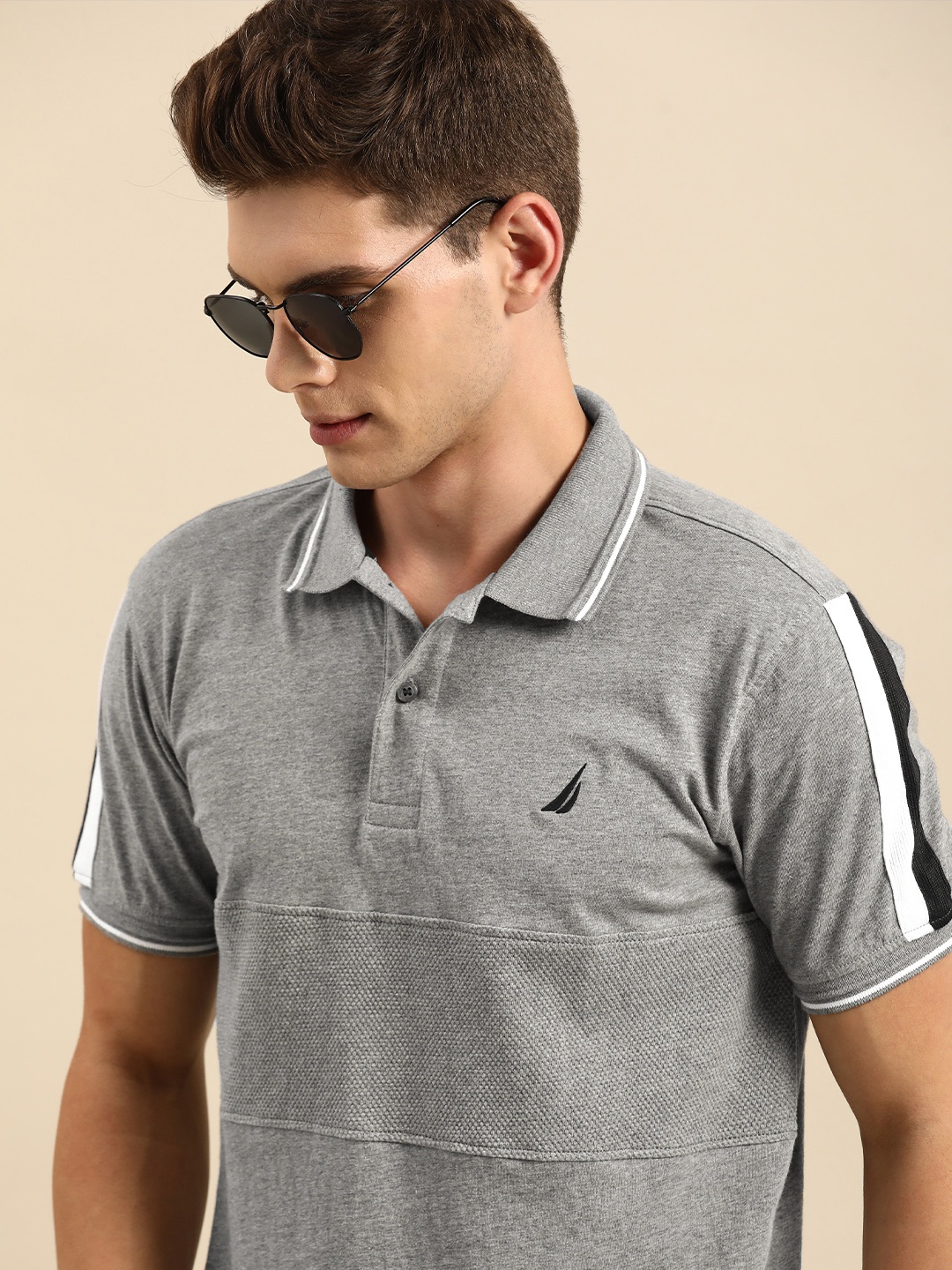 

Nautica Men Grey Melange Solid Polo Collar Pure Cotton T-shirt