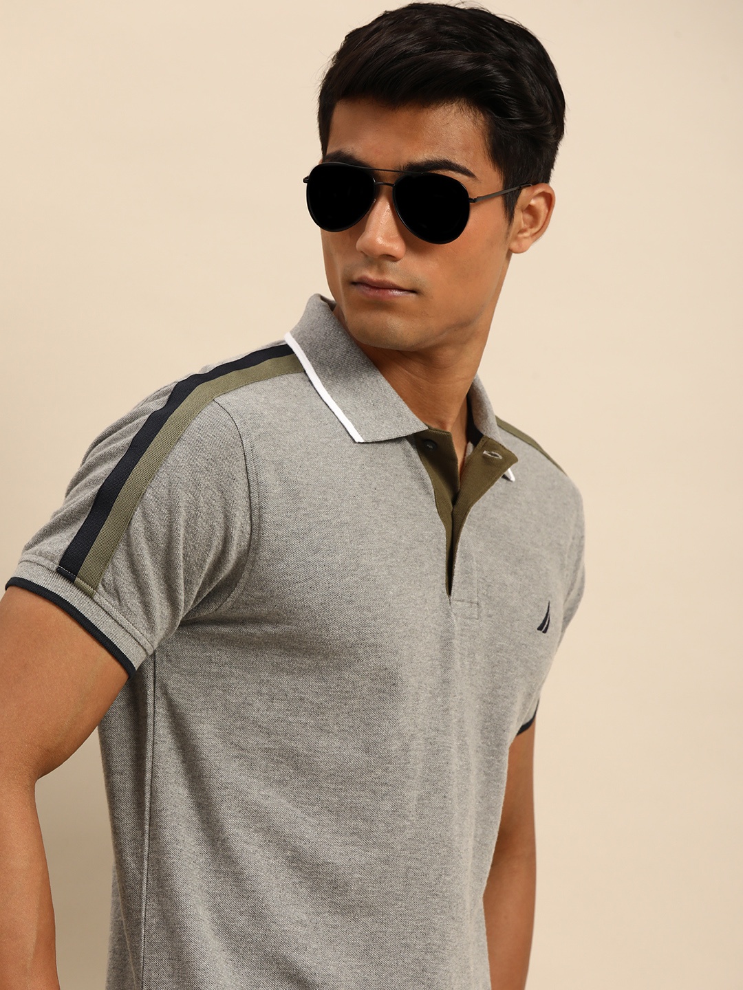 

Nautica Men Grey Pure Cotton Polo Collar T-shirt