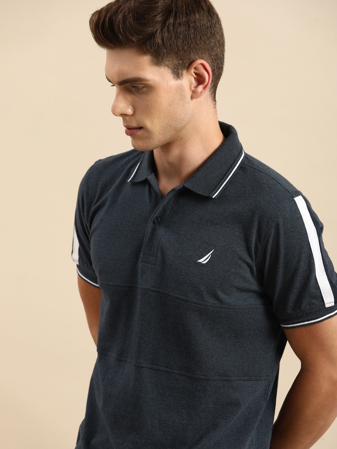 

Nautica Men Navy Blue Solid Polo Collar Pure Cotton T-shirt with Taping