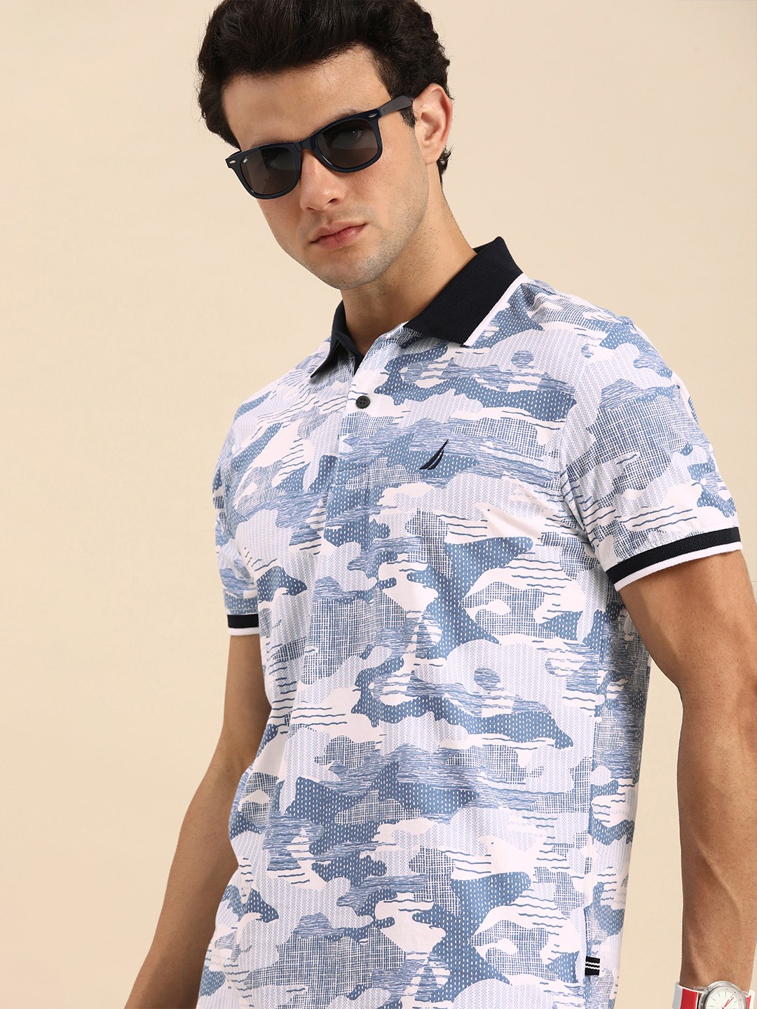 

Nautica Men White & Blue Camouflage Print Polo Collar Pure Cotton Slim Fit T-shirt