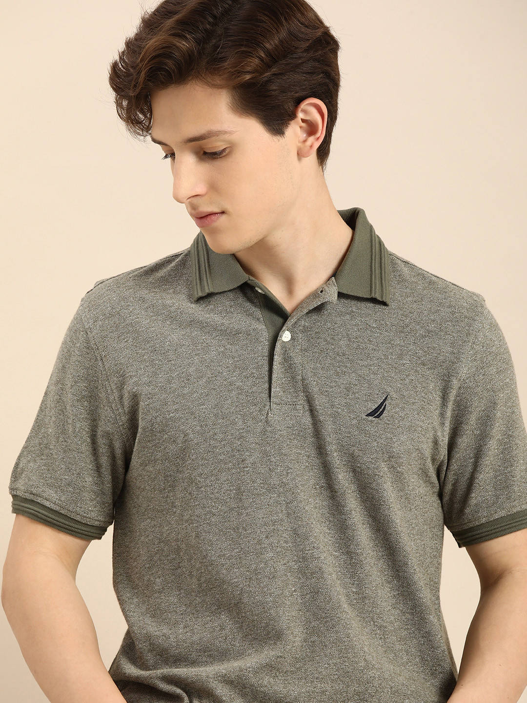 

Nautica Men Olive Green Solid Polo Collar Embroidered Pure Cotton T-shirt