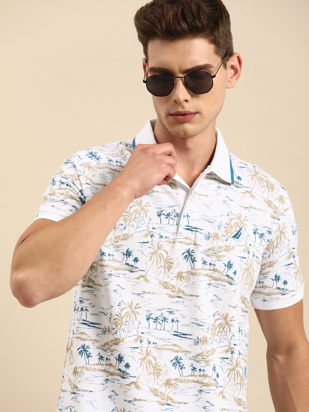 

Nautica Men White & Blue Printed Polo Collar Pure Cotton T-shirt