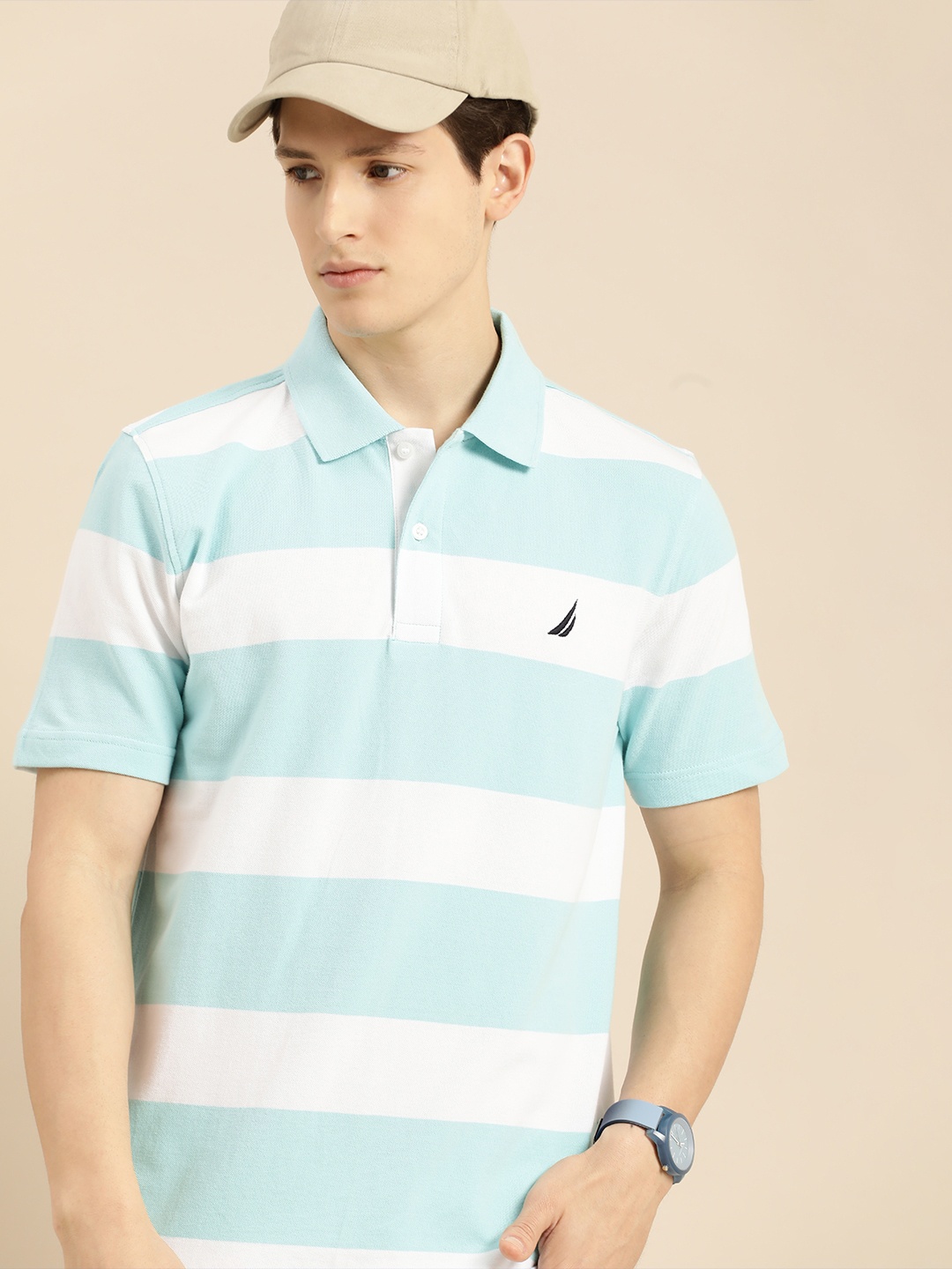 

Nautica Men Blue & White Striped Polo Collar T-shirt