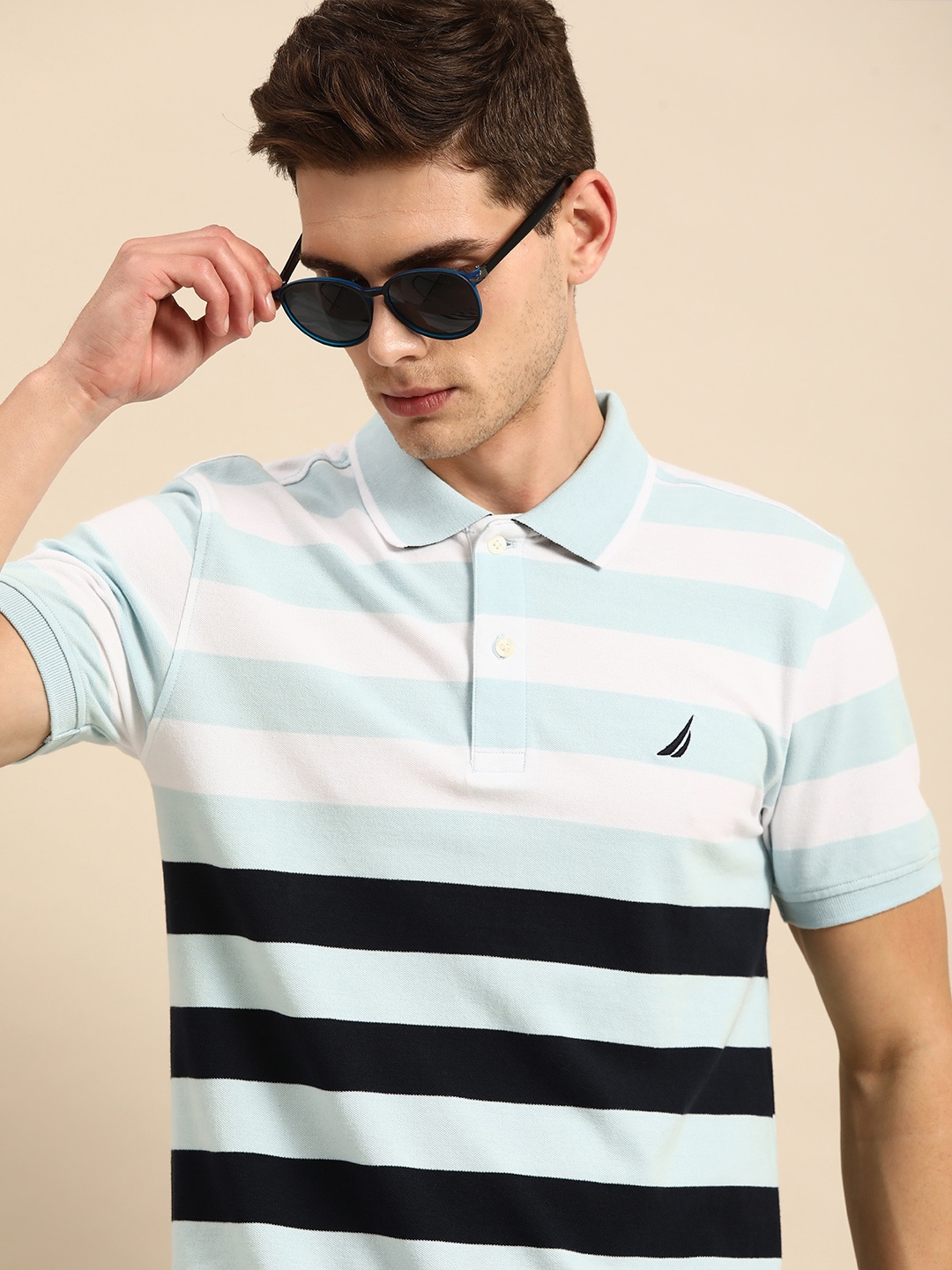 

Nautica Men Blue & White Striped Polo Collar T-shirt