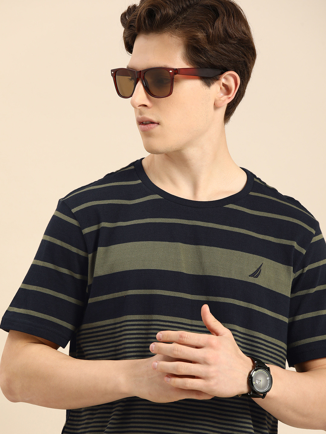 

Nautica Men Navy Blue & Olive Green Striped Round Neck Embroidered Pure Cotton T-shirt
