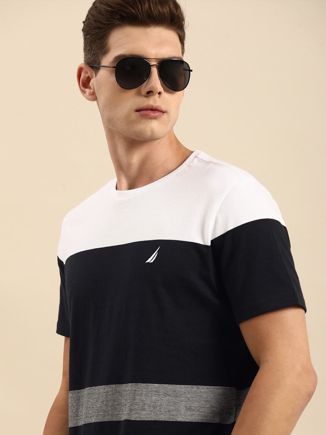 

Nautica Men Navy Blue & White Colourblocked Pure Cotton Casual T-shirt