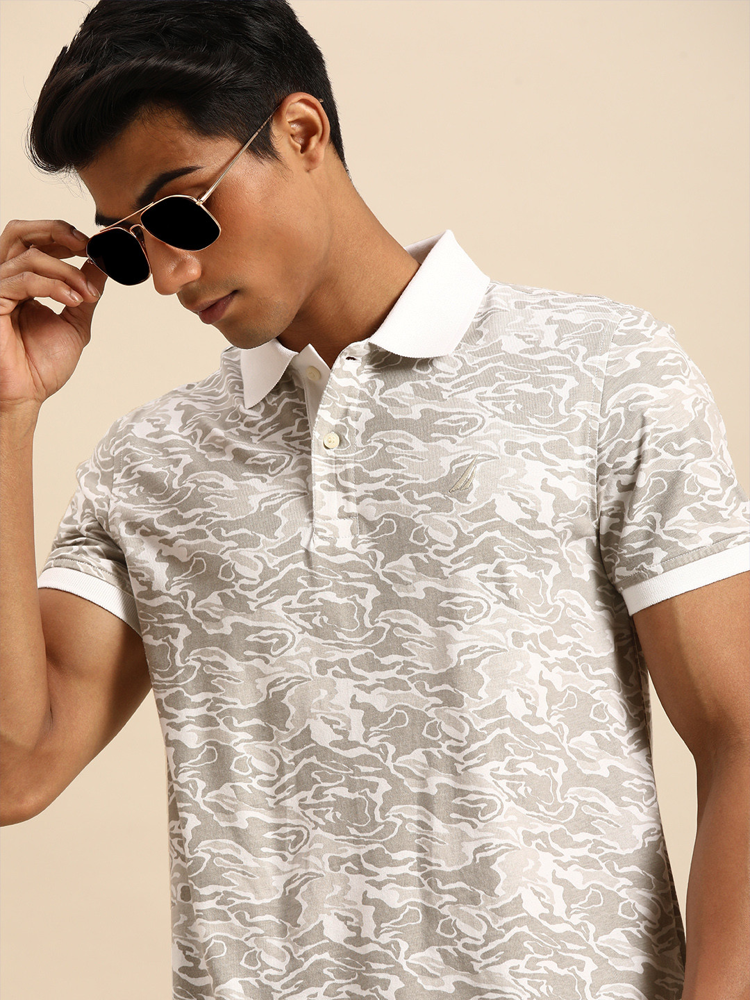 

Nautica Men White & Grey Camouflage Print Polo Collar Pure Cotton T-shirt