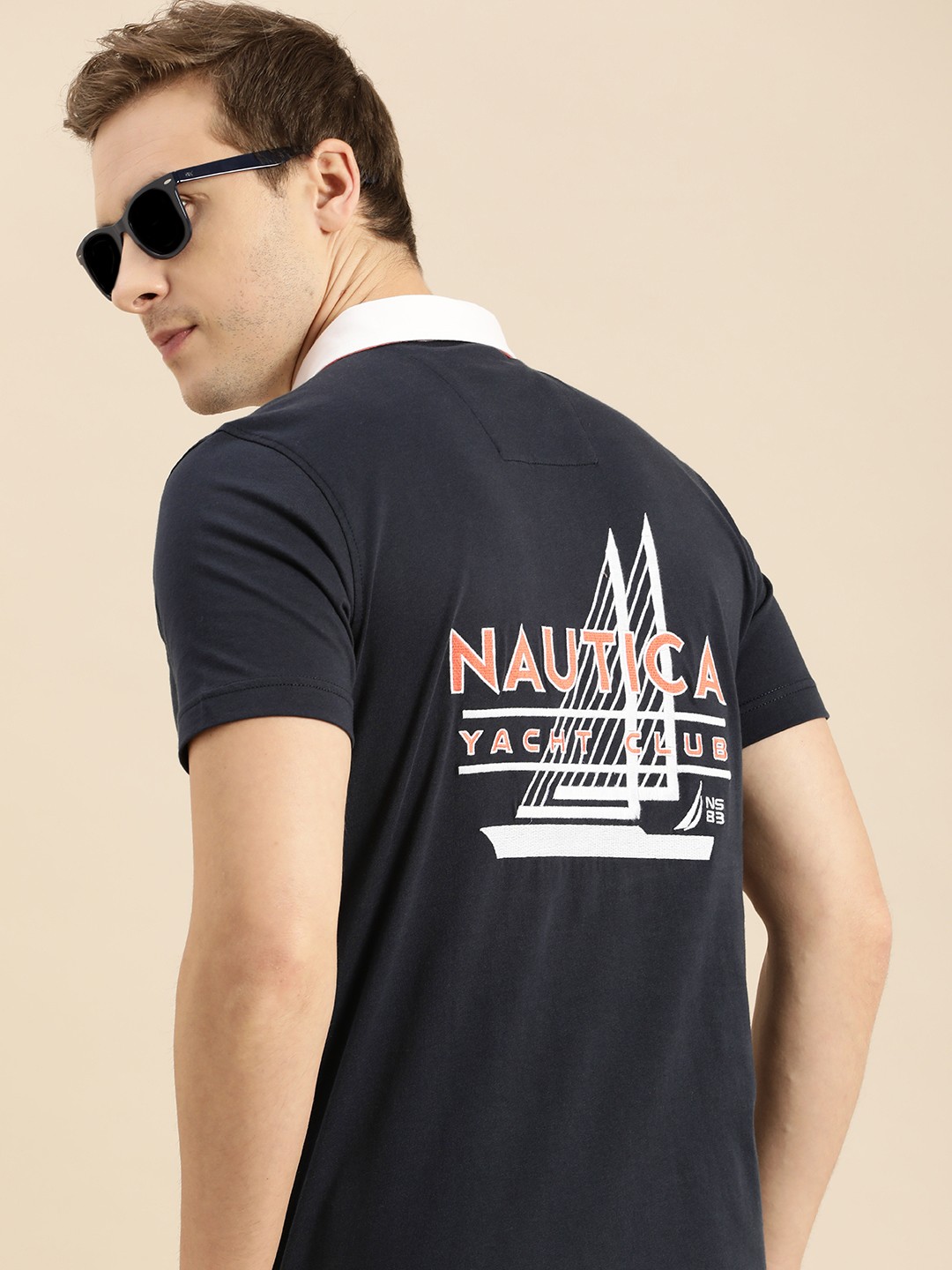

Nautica Men Navy Blue Brand Logo Printed Polo Collar T-shirt